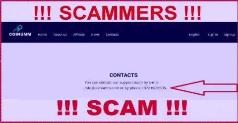 Coinumm Com phone number listed on the scammers site