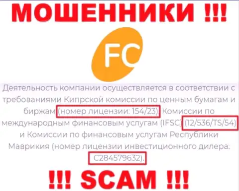 Приведенная лицензия на сервисе FC-Ltd, никак не мешает им уводить денежные активы людей - это МОШЕННИКИ !!!