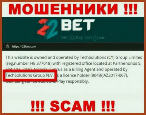TechSolutions Group N.V. - это организация, владеющая интернет мошенниками 22 Бет