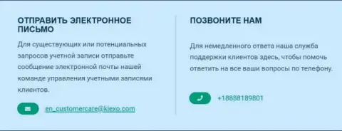 Контактный номер телефона и адрес электронной почты брокерской компании KIEXO